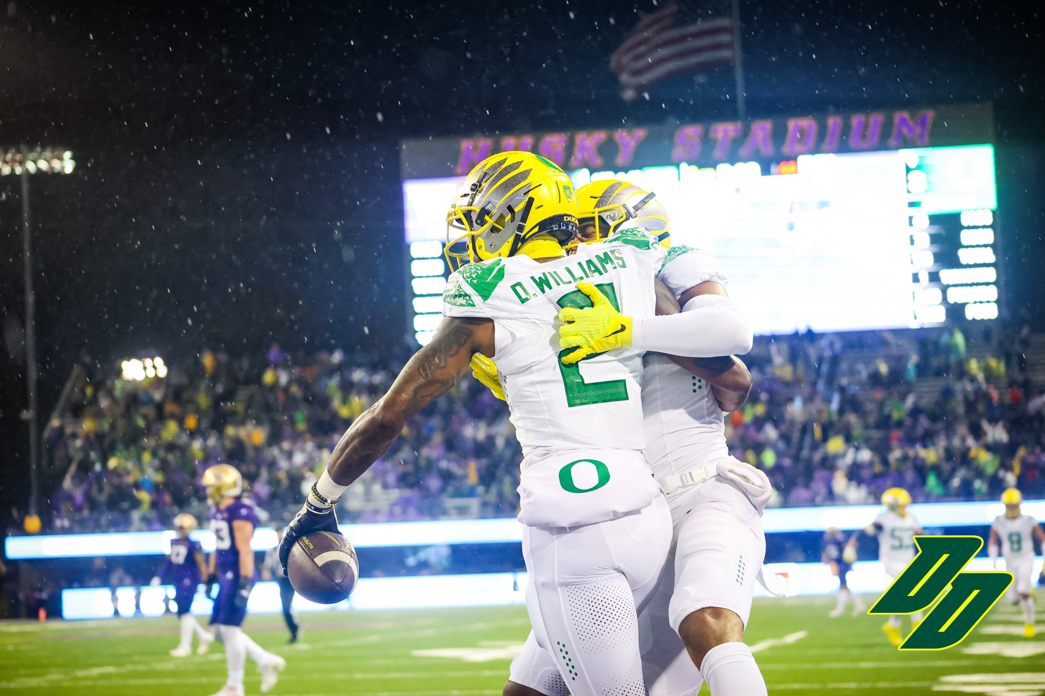 Devon Williams celebrates his touchdown catch with Mycah Pittman.